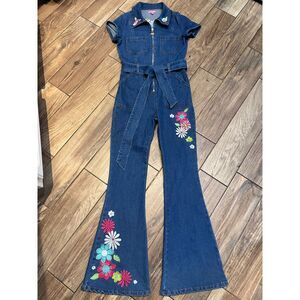 Sugar Thrillz Denim Jumpsuit Floral Embroidery Belted Small